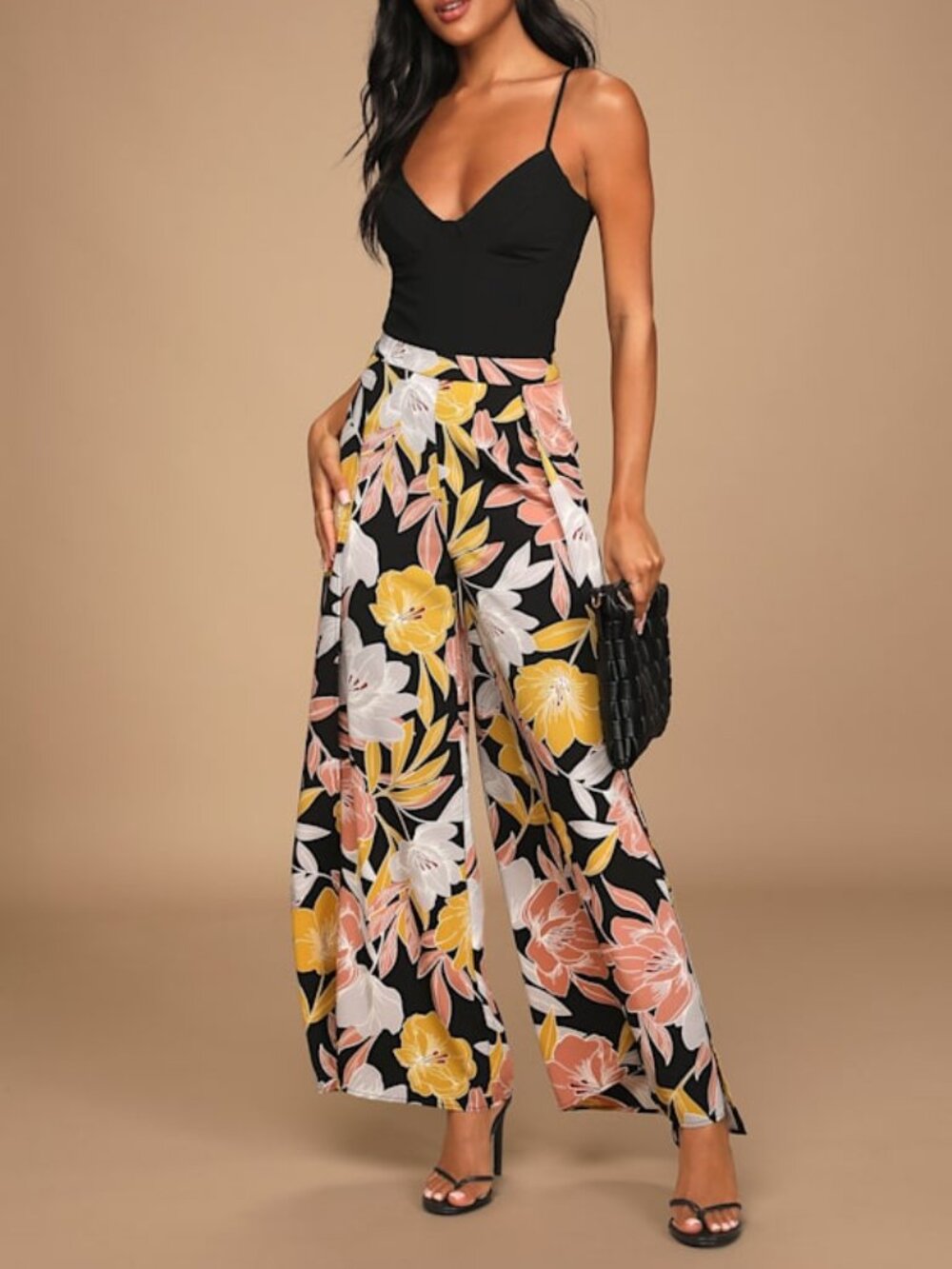 Lulus Blissful Vacay Black Floral Print Side Slit Pants - Size XS